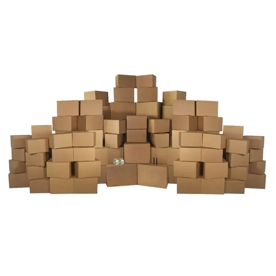 Economy moving kit of flat brown cardboard boxes bundled together