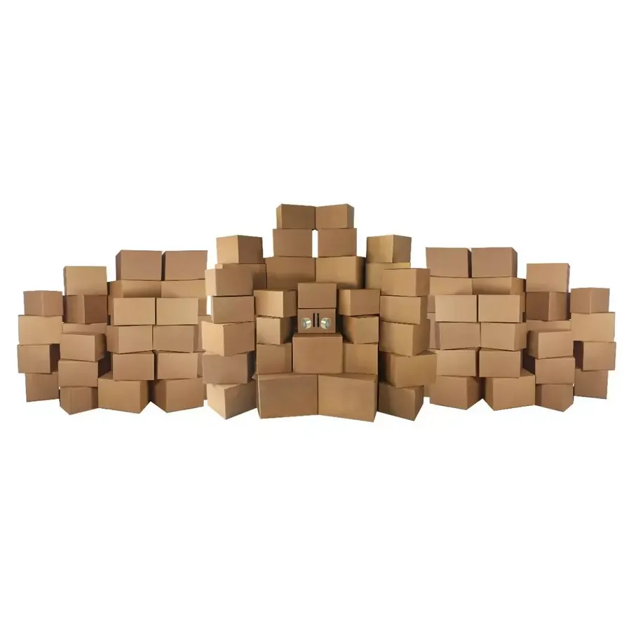 Moving kit of 119 brown cardboard boxes with bubble roll and packing tape