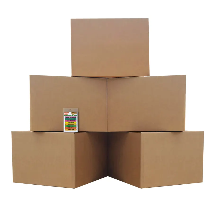 Five extra large brown corrugated moving boxes with a set of moving labels
