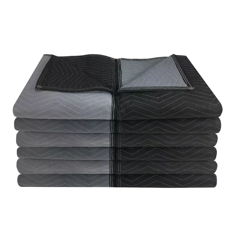 Stack of 12 black quilted extra performance moving blankets