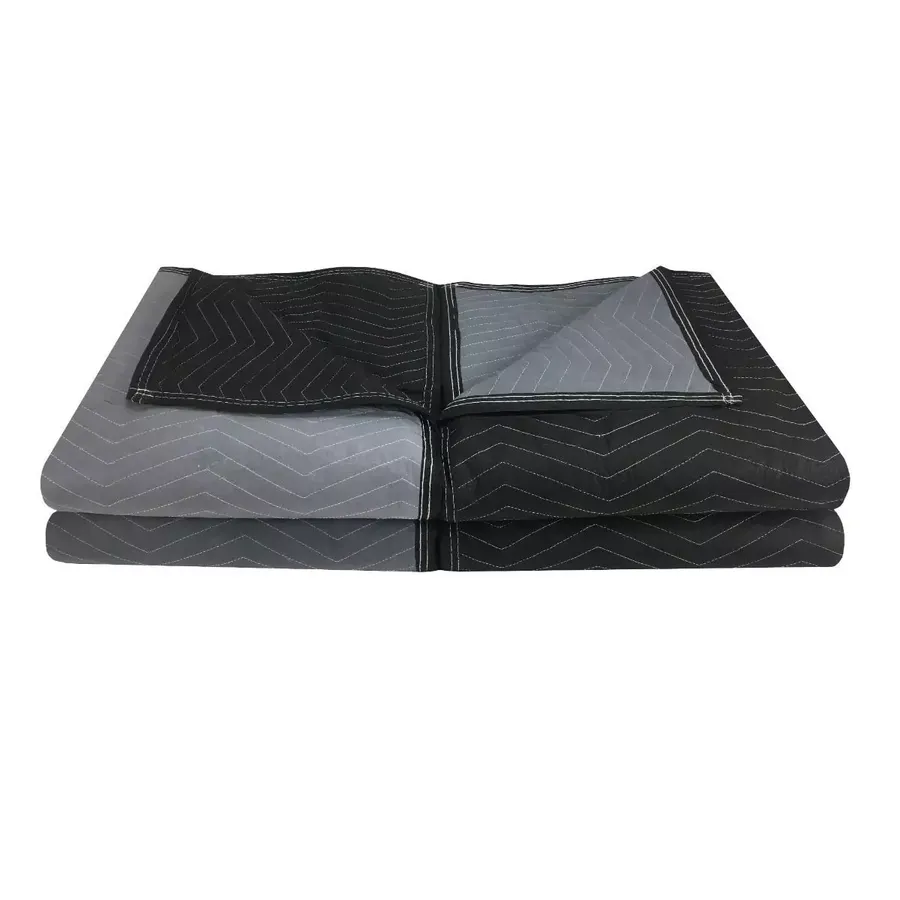 Stack of four black heavyweight polyester moving blankets