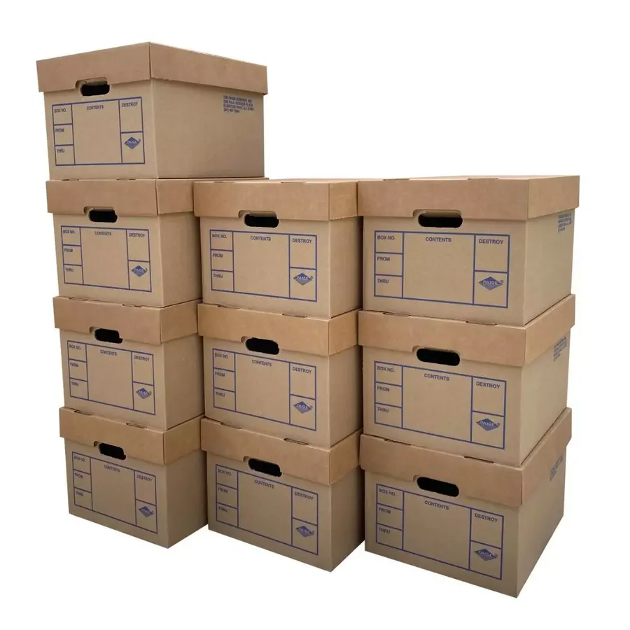 Ten white corrugated file storage boxes, 15 by 12 by 10 inches