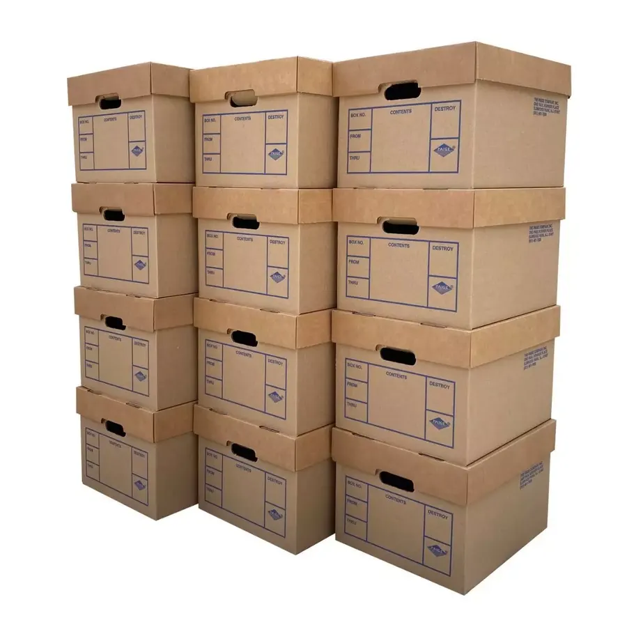 Twelve brown corrugated file storage boxes, 15 by 12 by 10 inches