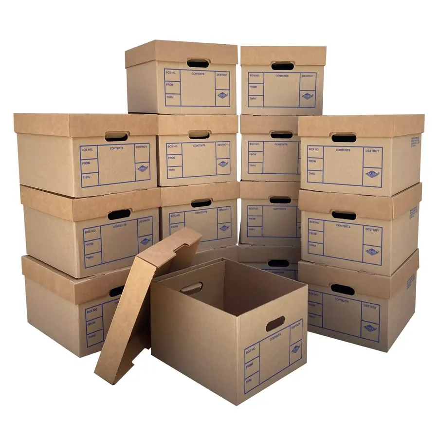 Fifteen brown corrugated file storage boxes, 15 by 12 by 10 inches