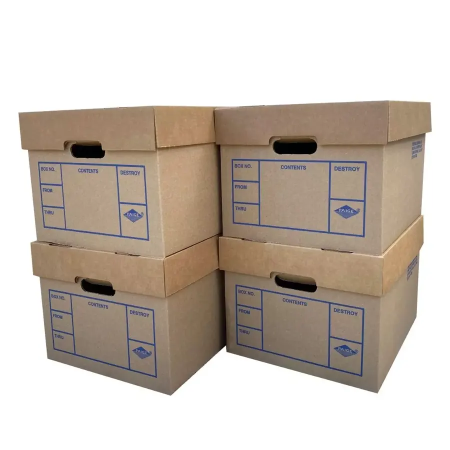Four brown corrugated file storage boxes, 15 by 12 by 10 inches