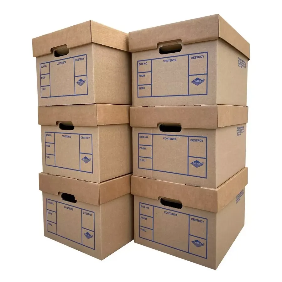 Six brown corrugated file storage boxes, 15 by 12 by 10 inches