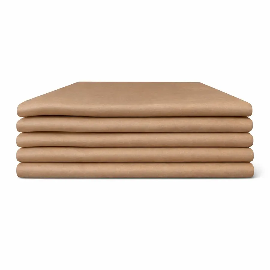 Five folded brown paper furniture pads stacked together
