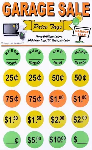 Sheets of round neon garage sale price stickers in assorted colors