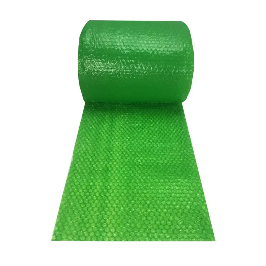 Roll of green small-bubble cushioning wrap, 12 inches wide