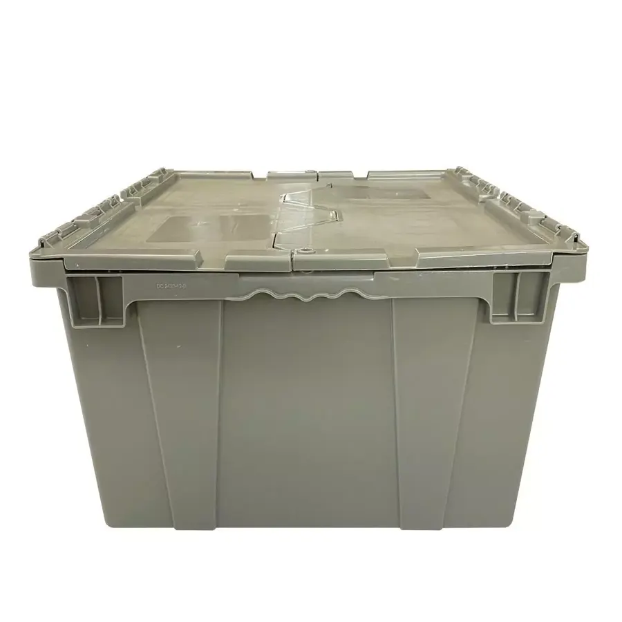 Gray plastic container with attached hinged lid