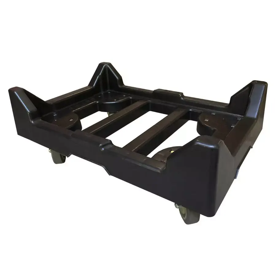 Black plastic wheeled dolly for stacking tote containers