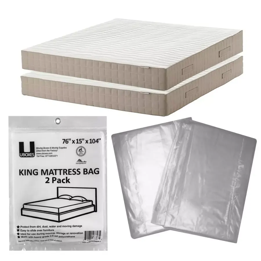 Two clear polyethylene king mattress cover bags