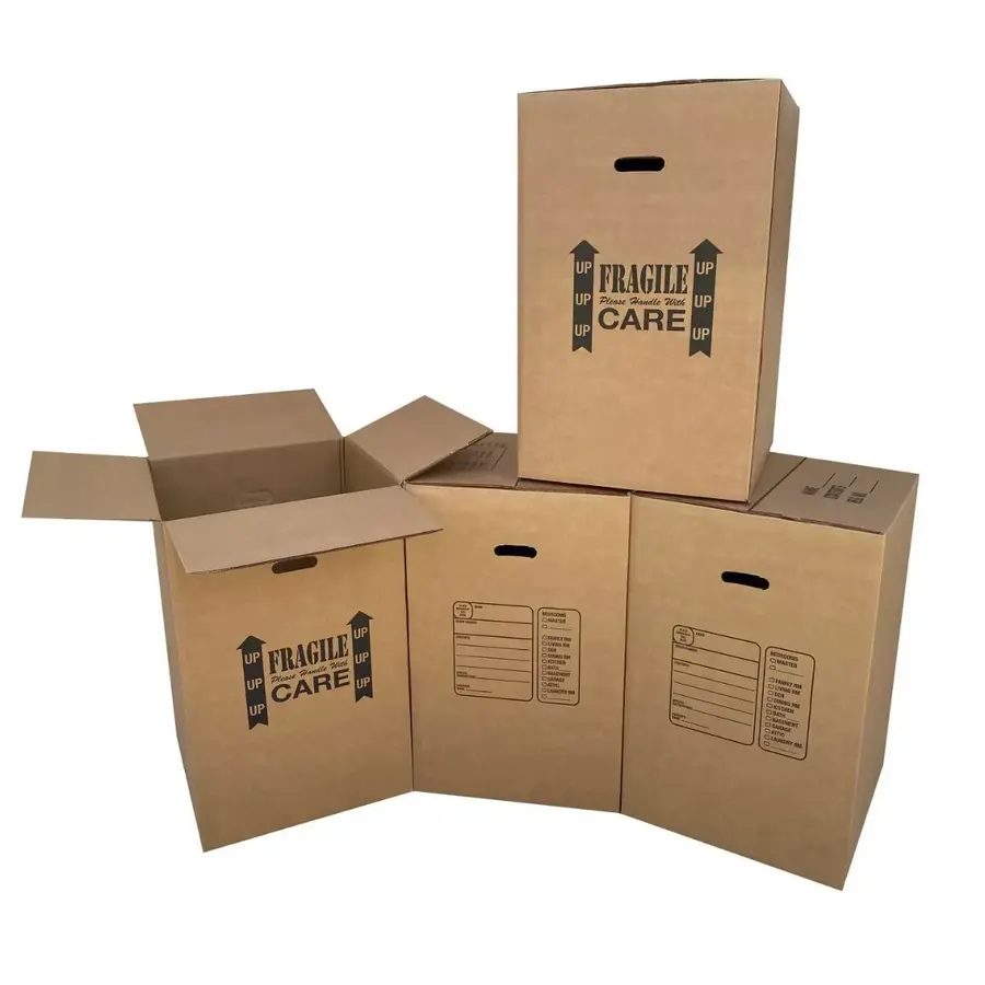 Four tall brown corrugated kitchen moving boxes, 18 by 18 by 28 inches
