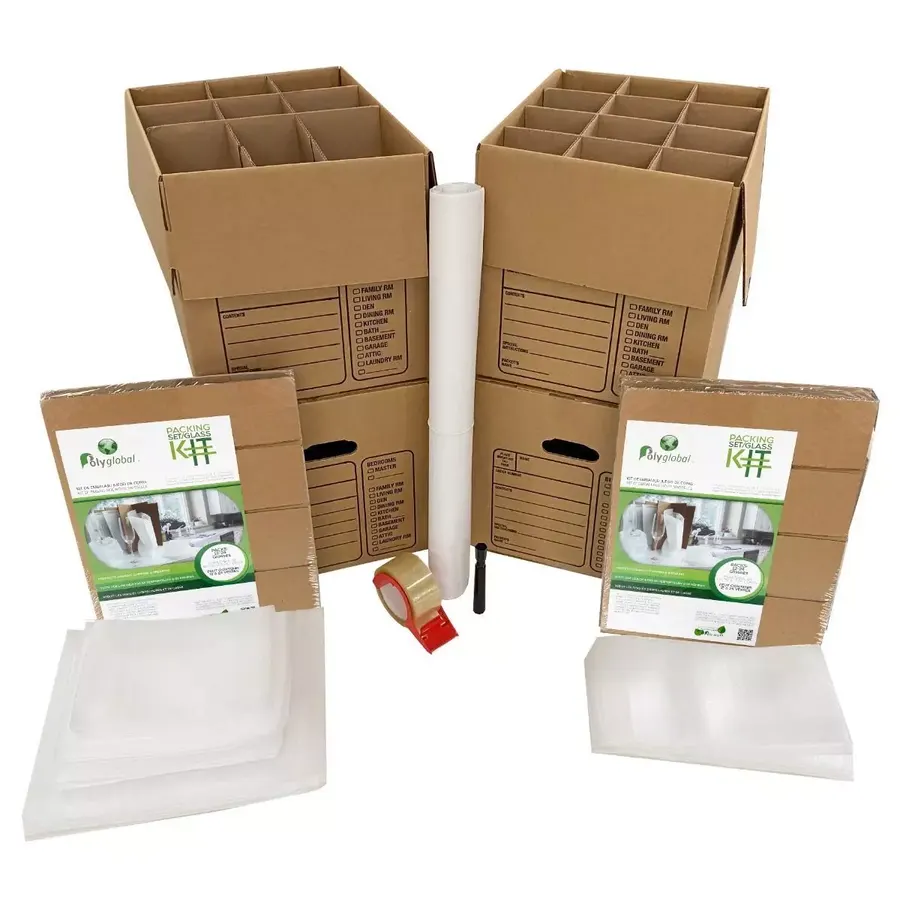 Kitchen moving supplies kit with flat-packed brown cardboard boxes and packing materials