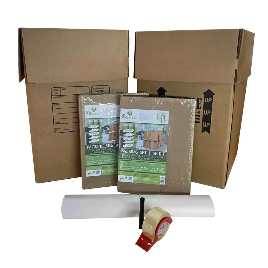 Kitchen moving supplies kit with brown cardboard boxes and partition dividers