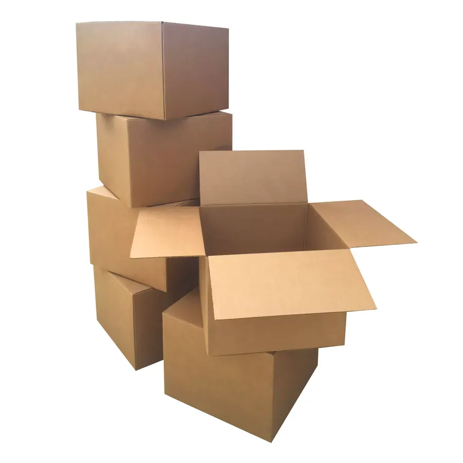 Ten large brown corrugated moving boxes, 20 by 20 by 15 inches