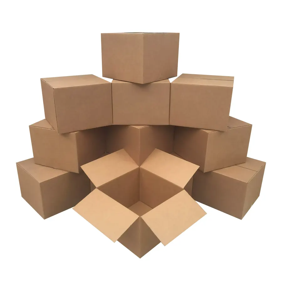 Sixteen large brown corrugated moving boxes, 20 by 20 by 15 inches