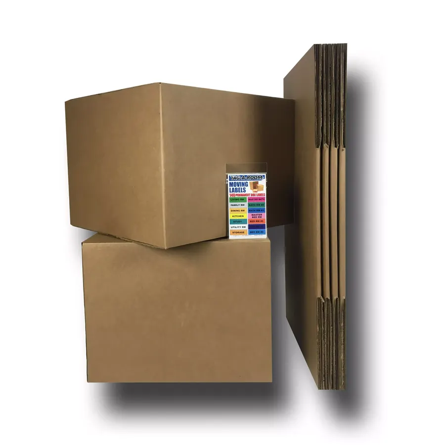 Six large brown corrugated moving boxes with a set of moving labels