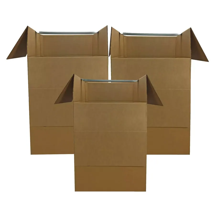 Three large brown corrugated wardrobe moving boxes