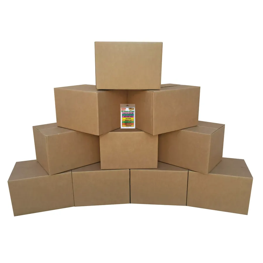 Ten medium brown corrugated moving boxes with a set of moving labels