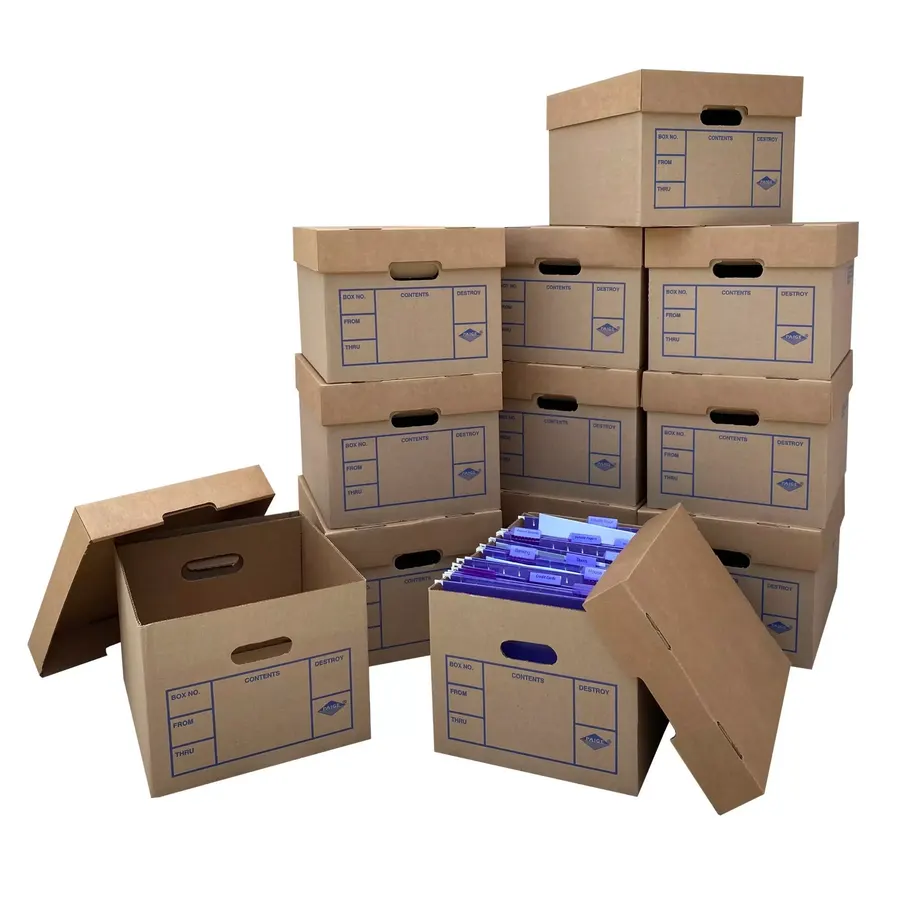 Stack of twelve brown corrugated file storage boxes