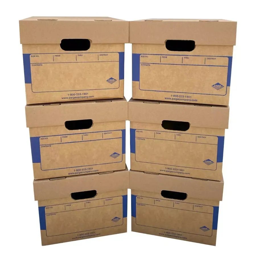 Six brown corrugated file storage boxes stacked together