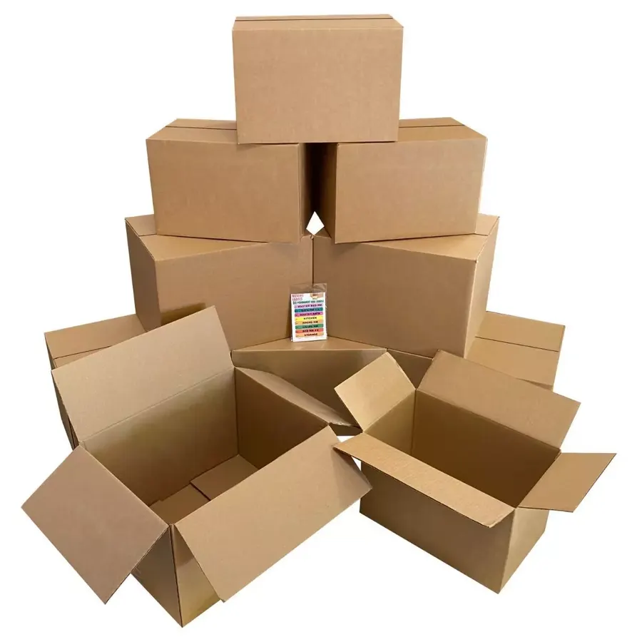 Flat-packed bundle of ten brown corrugated moving boxes