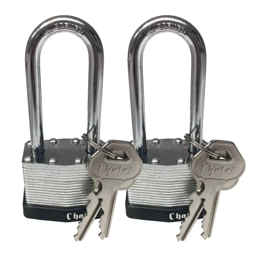 Two silver steel long-shank padlocks with keys