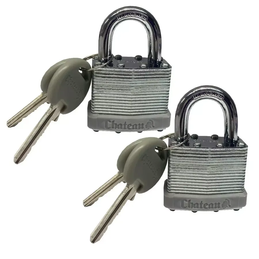 Two gray steel short-shank padlocks with keys