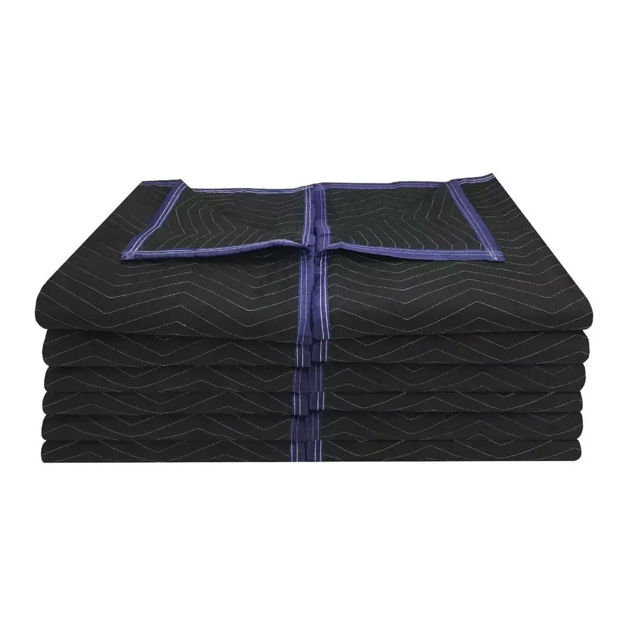 Twelve black quilted polyester moving blankets in a large stack