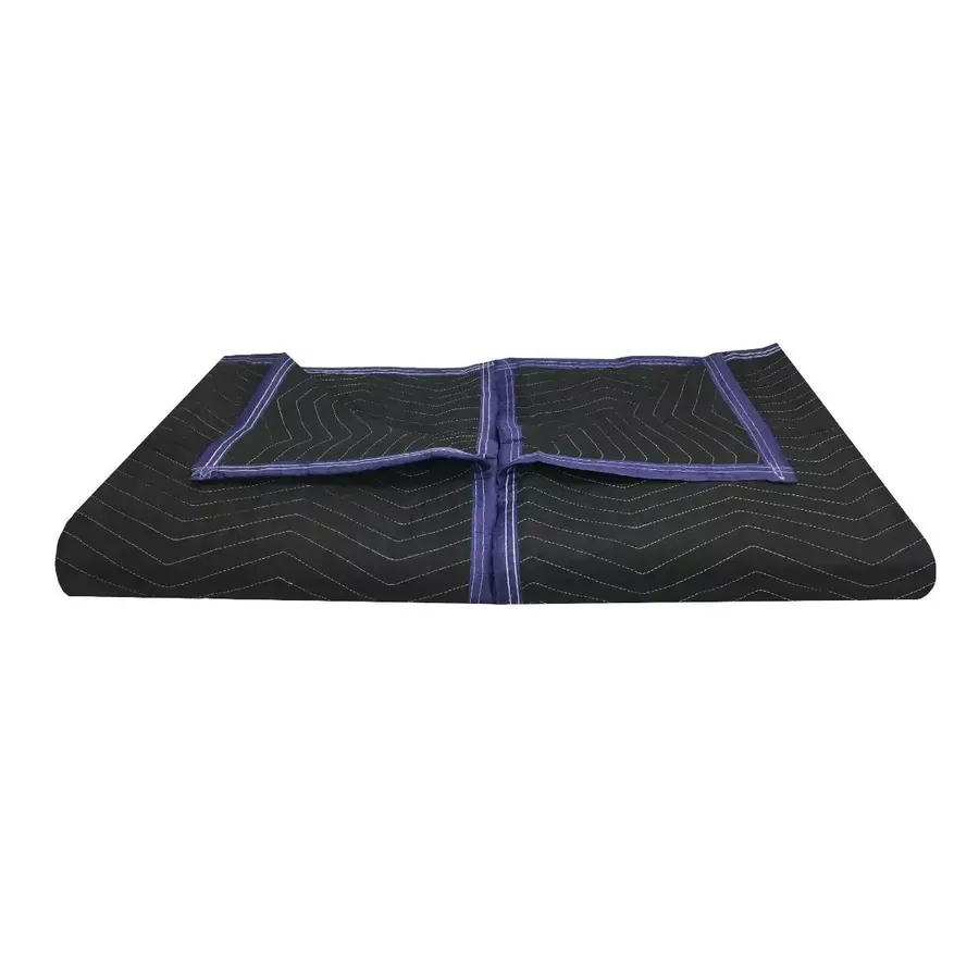 Two black quilted polyester moving blankets folded flat