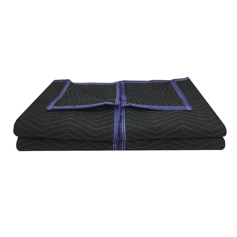 Four black quilted polyester moving blankets stacked together