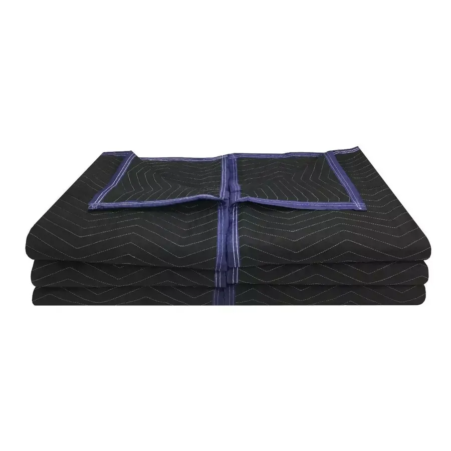 Six black quilted polyester moving blankets in a folded stack