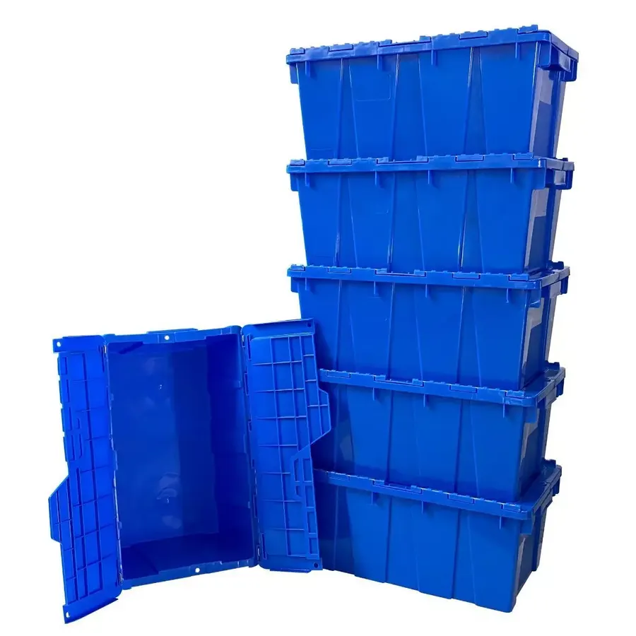 Six blue plastic storage crates with lids stacked together