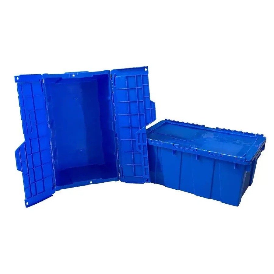 Two blue plastic storage crates with lids