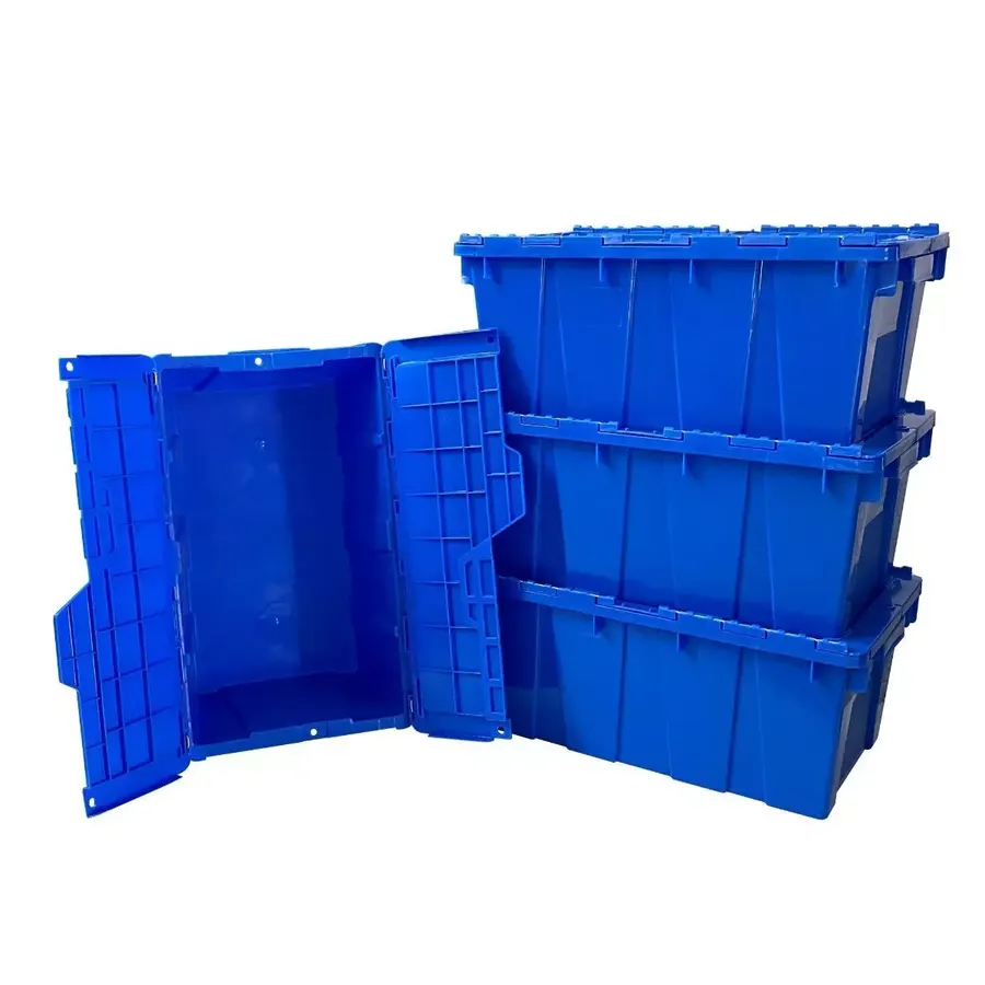 Four blue plastic storage crates with lids stacked together