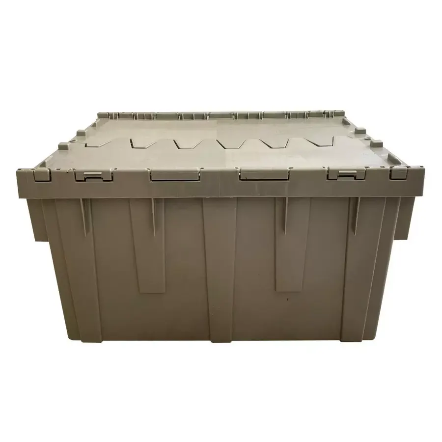 Gray plastic storage crate with attached hinged lid closed over the top