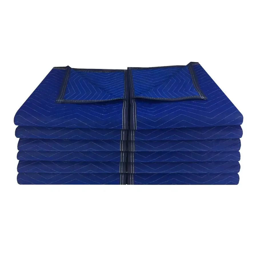 Twelve blue polyester moving blankets stacked in a bundle