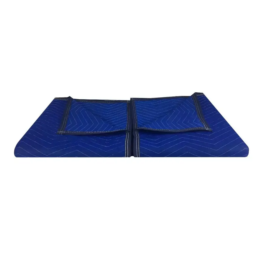 Two blue polyester moving blankets folded side by side