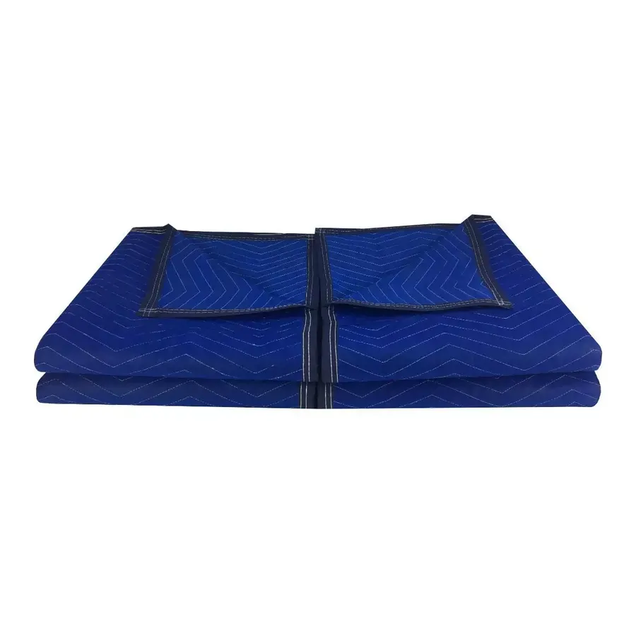 Four blue polyester moving pads in a folded stack