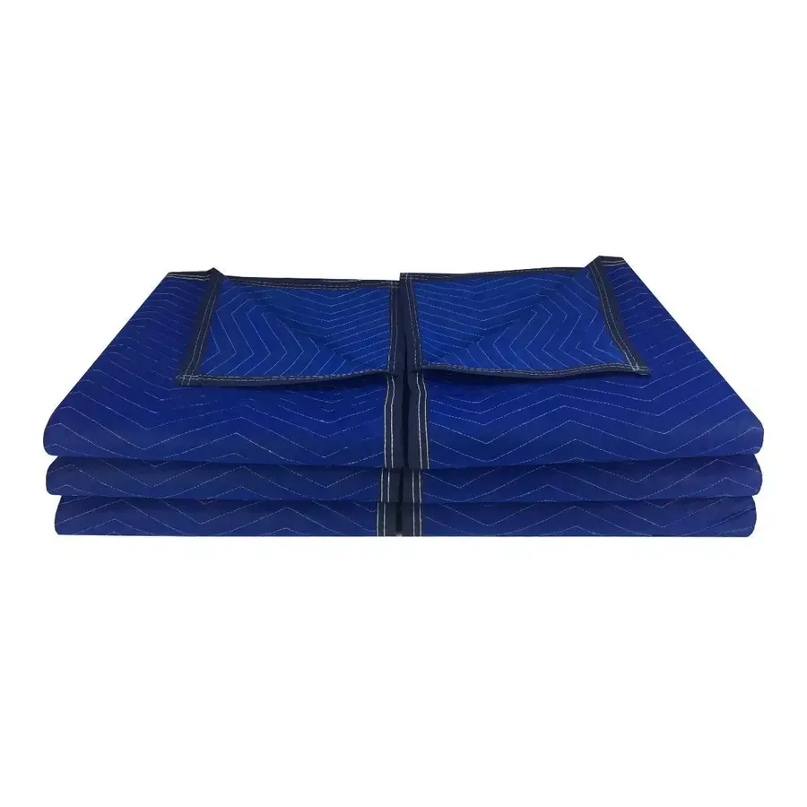 Six blue quilted polyester packing blankets stacked and folded