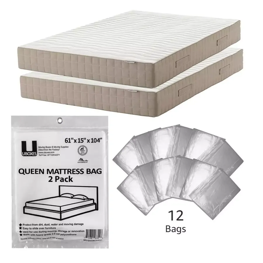 Stack of 12 clear polyethylene queen mattress cover bags