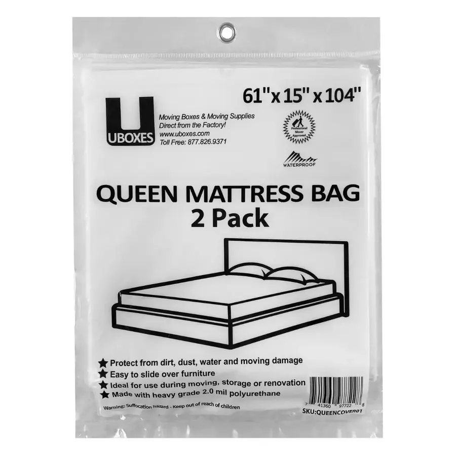 Two clear polyethylene queen mattress cover bags