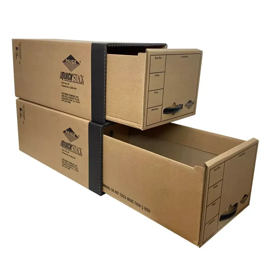 Two brown corrugated file boxes with slide-out drawers stacked on each other