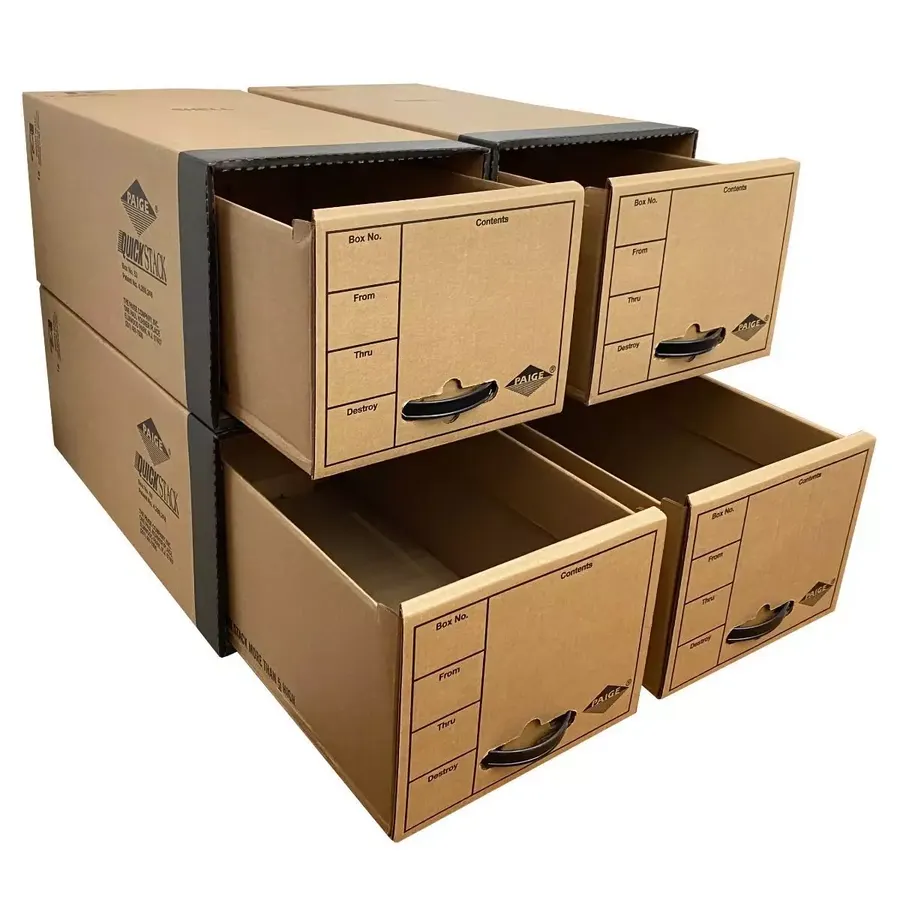 Four stacked brown corrugated file boxes with pull-out drawers