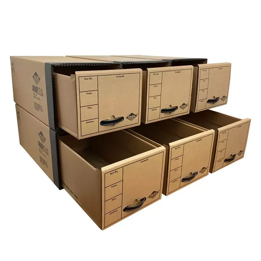 Six brown corrugated drawer file boxes arranged in a stack