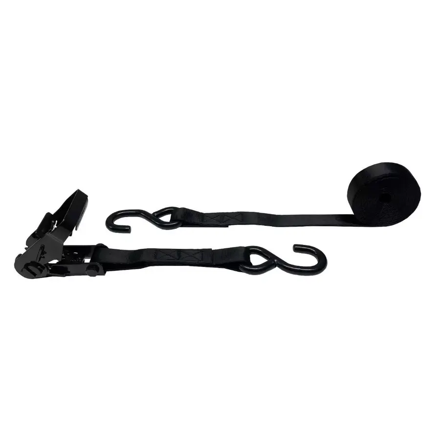 Black ratchet tie-down strap with steel ratchet and chrome S-hooks