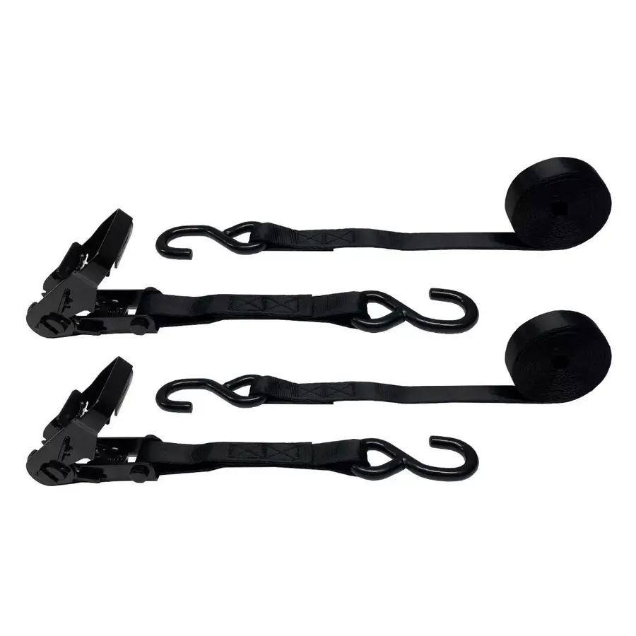 Two black ratchet tie-down straps with steel ratchet buckles