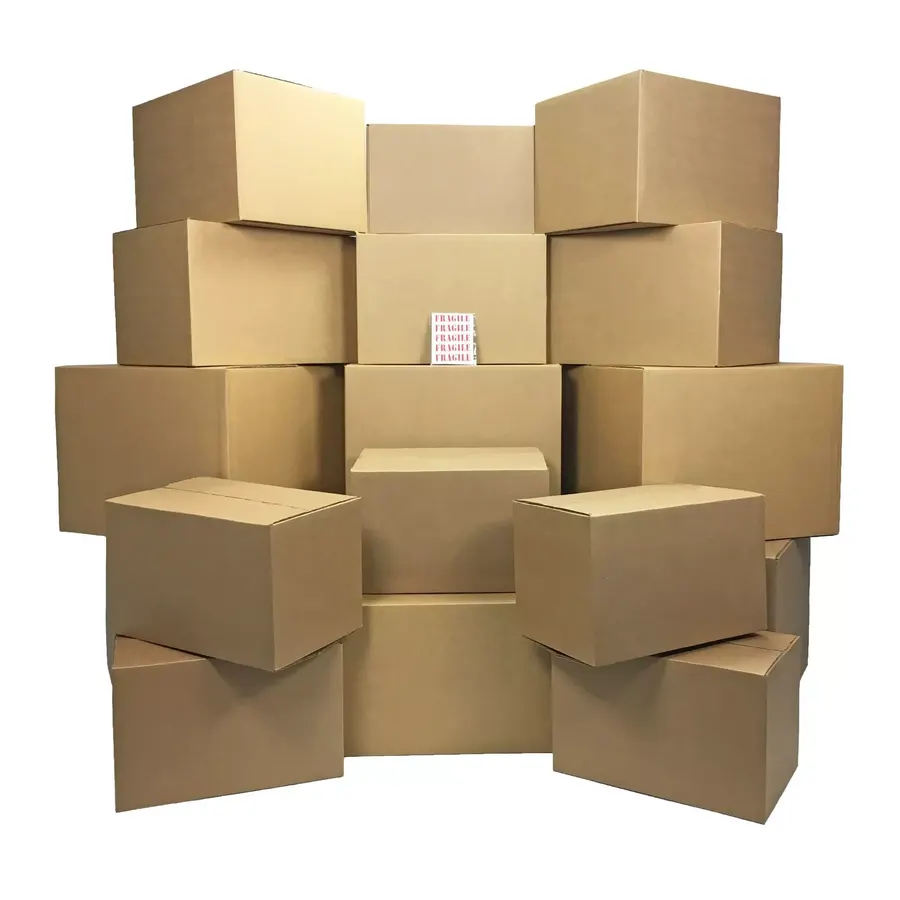 Home staging kit of matched brown cardboard boxes in three sizes with room labels