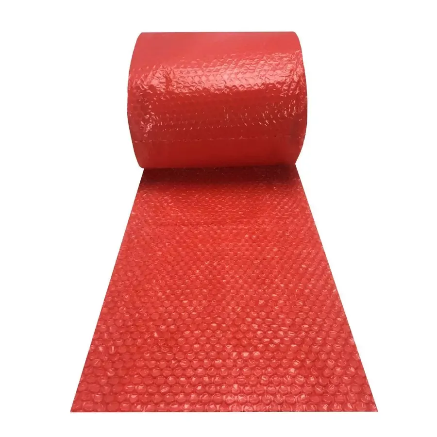 Roll of red small-bubble cushioning wrap, 12 inches wide